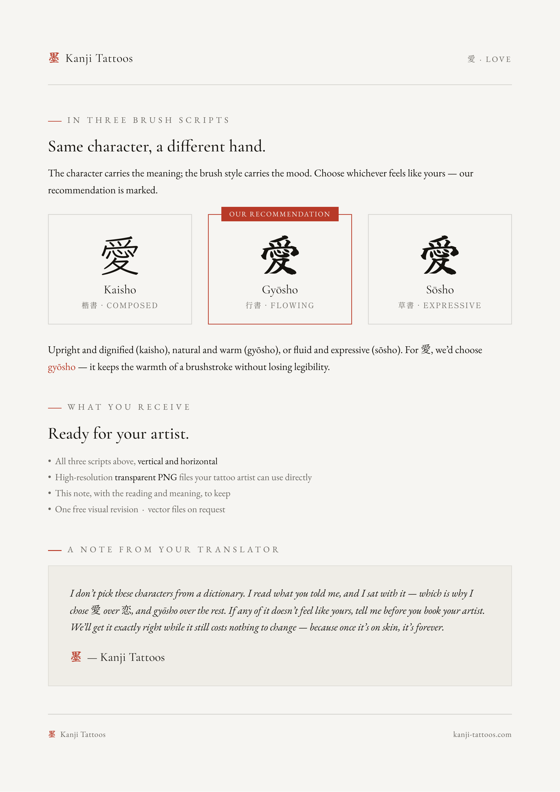 Sample of the $49 deliverable for the kanji 愛 (love) — page 3: three brush scripts with a recommendation, what you receive, and a note from your translator